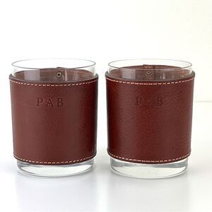 CLAYTON & CRUME Leather Rocks Glass Set Of 2 Western Barware 3 Letter Monogram